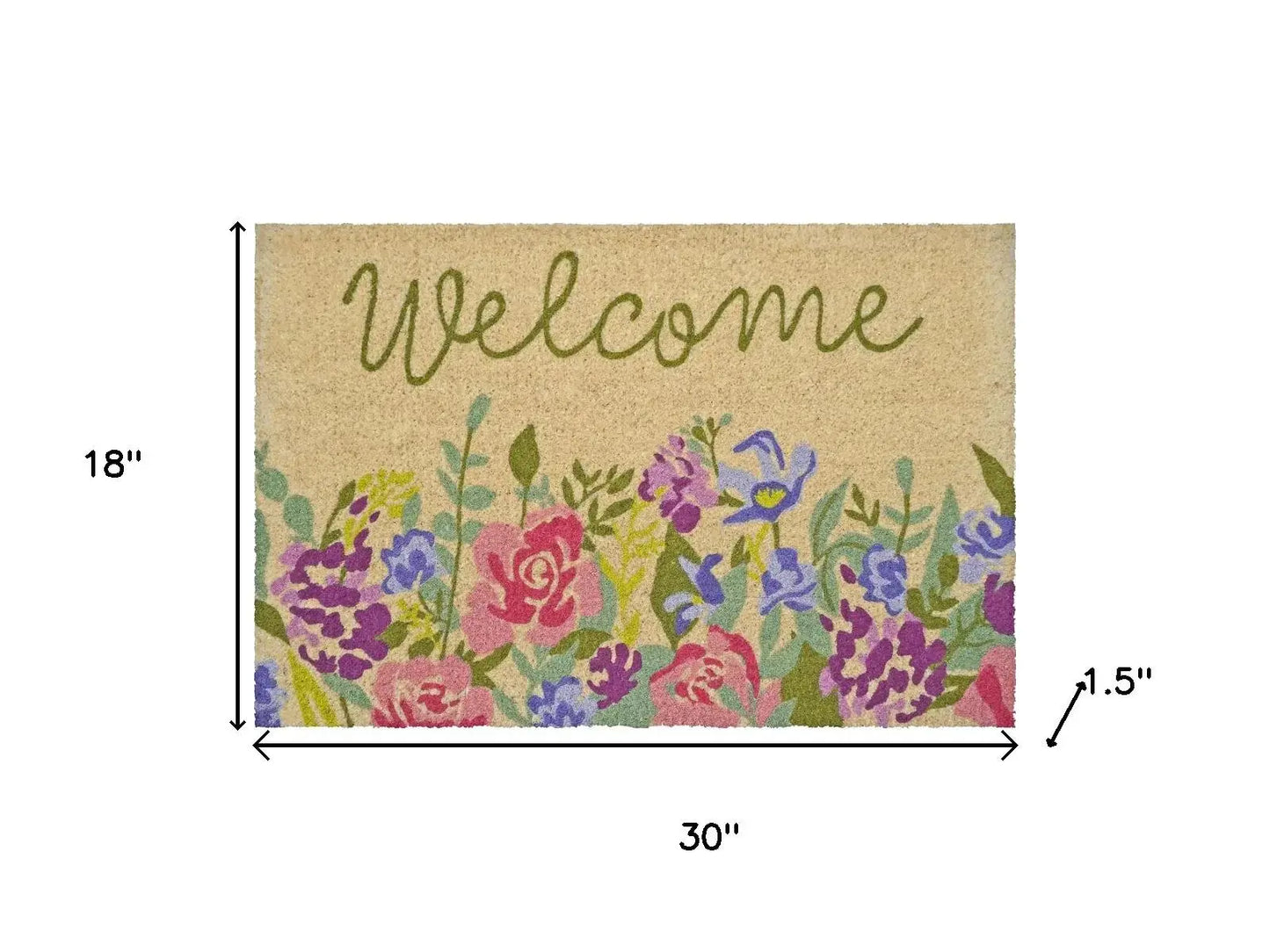 18" X 30" Brown Green And Pink Floral Welcome Outdoor Coir Door Mat - Homeroots - Flyclothing LLC