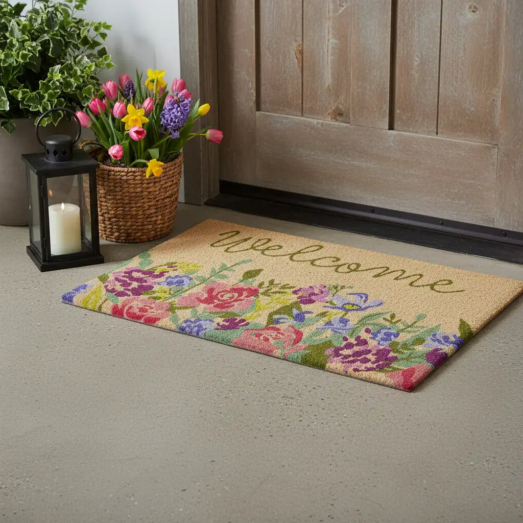 18" X 30" Brown Green And Pink Floral Welcome Outdoor Coir Door Mat - Homeroots - Flyclothing LLC