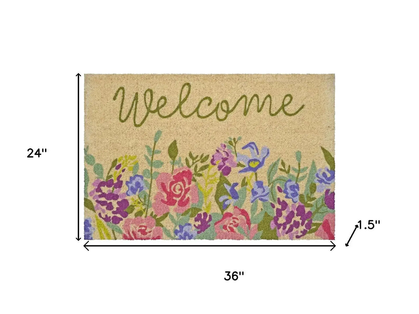 24" X 36" Brown Green And Pink Floral Welcome Outdoor Coir Door Mat - Homeroots - Flyclothing LLC