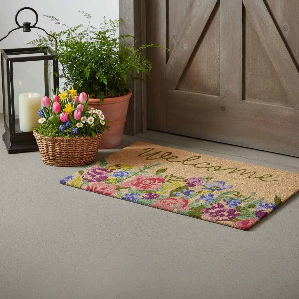 24" X 36" Brown Green And Pink Floral Welcome Outdoor Coir Door Mat - Homeroots - Flyclothing LLC
