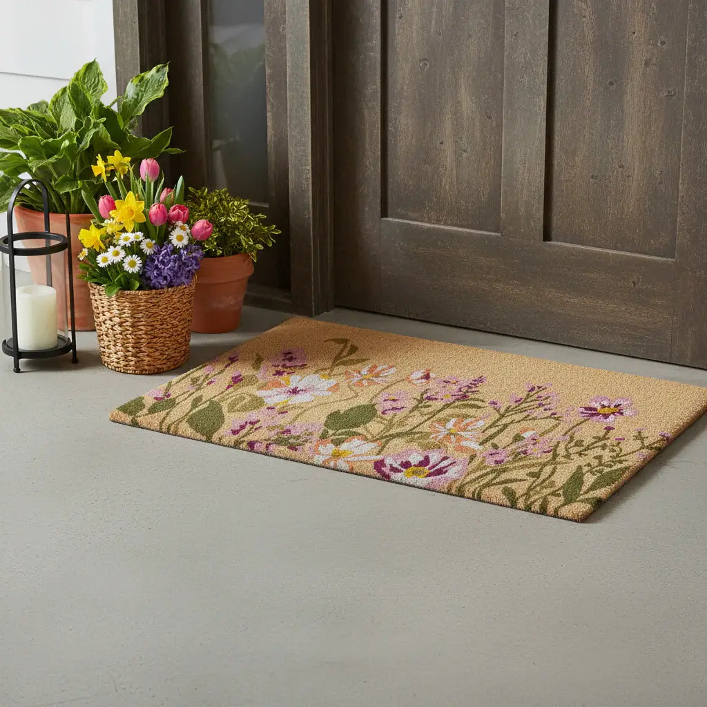 18" X 30" Brown Green And Purple Floral Outdoor Coir Door Mat - Homeroots - Flyclothing LLC
