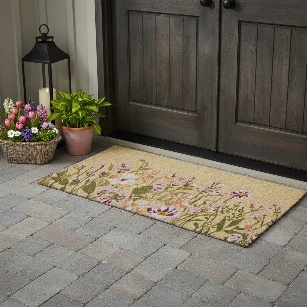 18" X 40" Brown Green And Purple Floral Outdoor Coir Door Mat - Homeroots - Flyclothing LLC