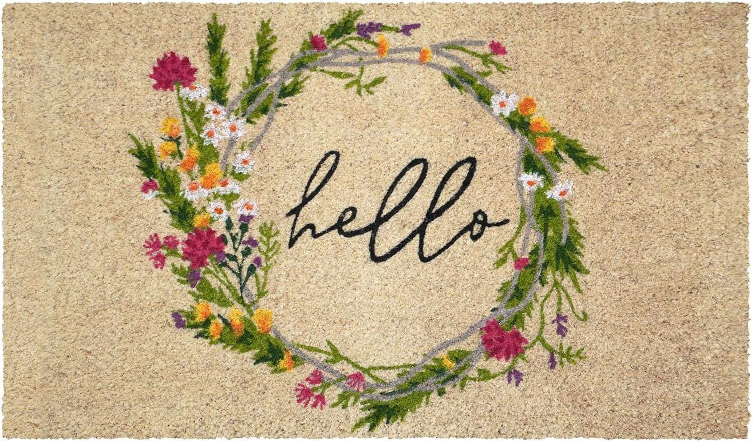 18" X 30" Brown Green And Black Floral Hello Outdoor Coir Door Mat - Homeroots - Flyclothing LLC