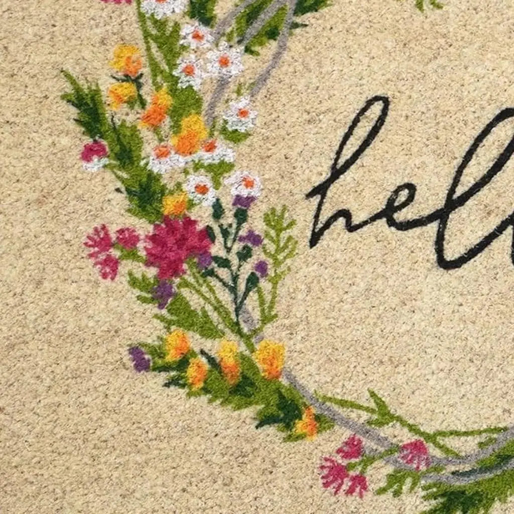 18" X 30" Brown Green And Black Floral Hello Outdoor Coir Door Mat - Homeroots - Flyclothing LLC