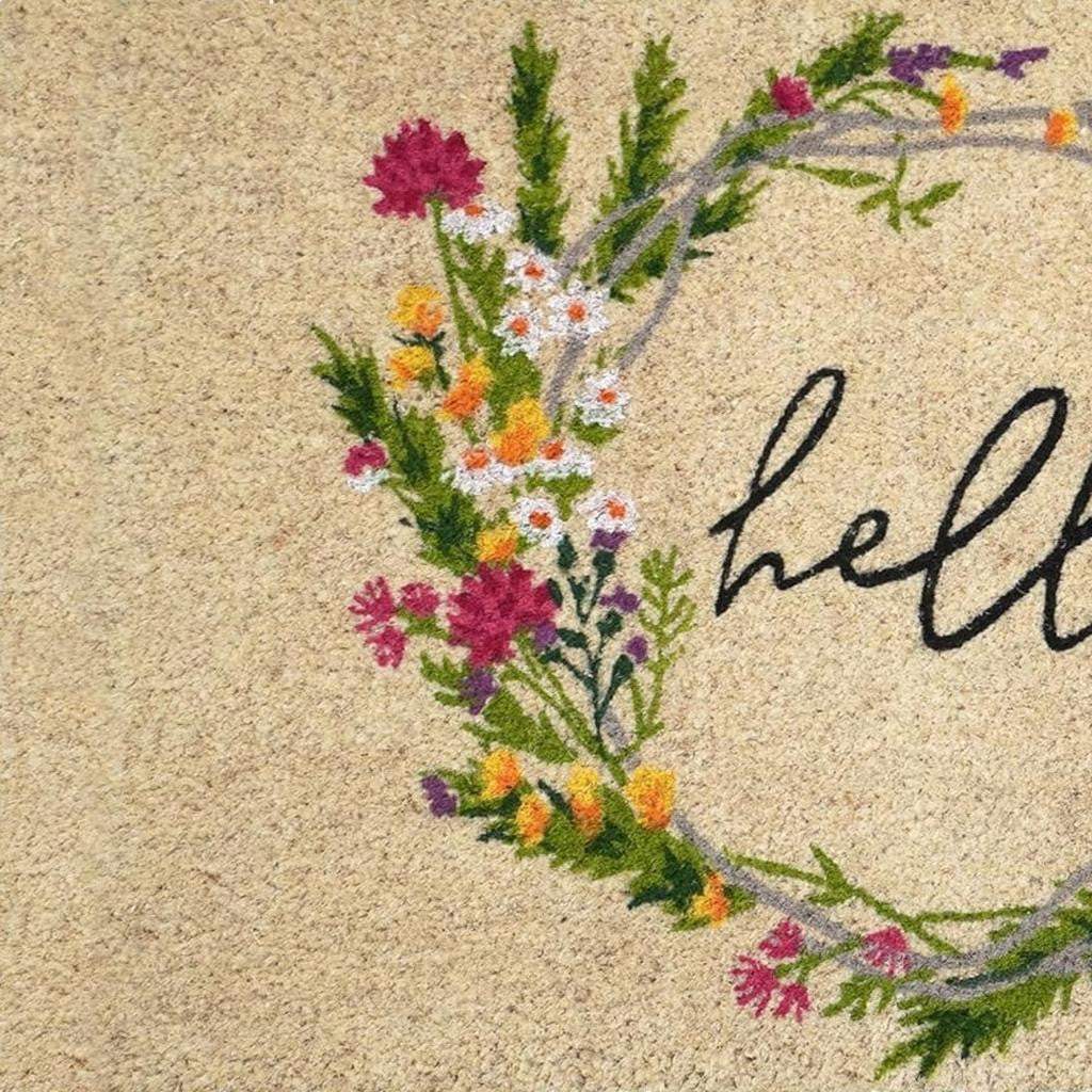18" X 30" Brown Green And Black Floral Hello Outdoor Coir Door Mat - Homeroots - Flyclothing LLC