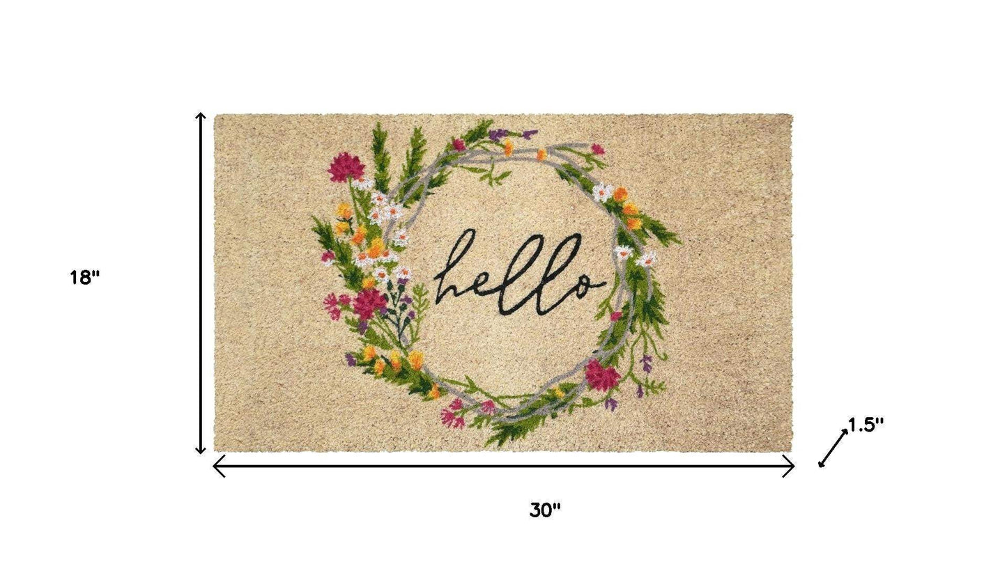 18" X 30" Brown Green And Black Floral Hello Outdoor Coir Door Mat - Homeroots - Flyclothing LLC