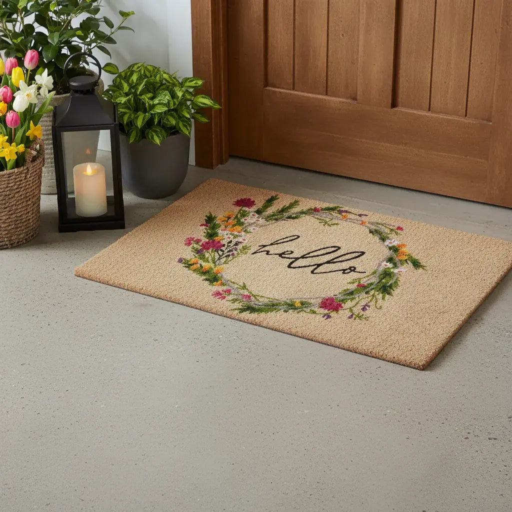 18" X 30" Brown Green And Black Floral Hello Outdoor Coir Door Mat - Homeroots - Flyclothing LLC