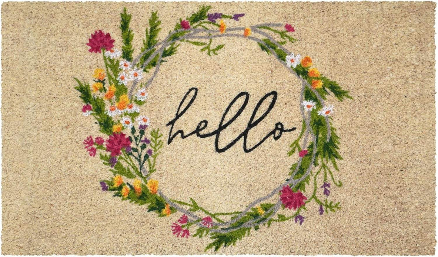 24" X 36" Brown Green And Black Floral Hello Outdoor Coir Door Mat - Homeroots - Flyclothing LLC