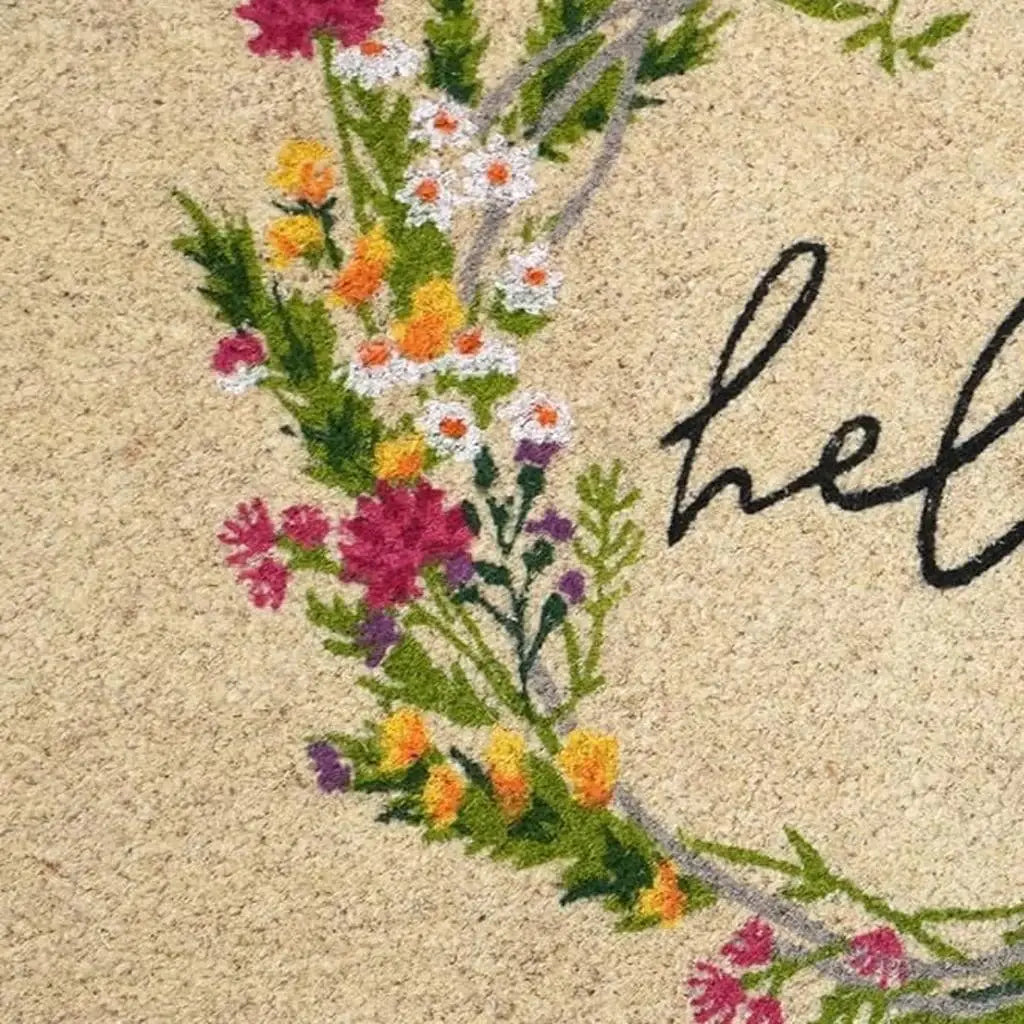 24" X 36" Brown Green And Black Floral Hello Outdoor Coir Door Mat - Homeroots - Flyclothing LLC