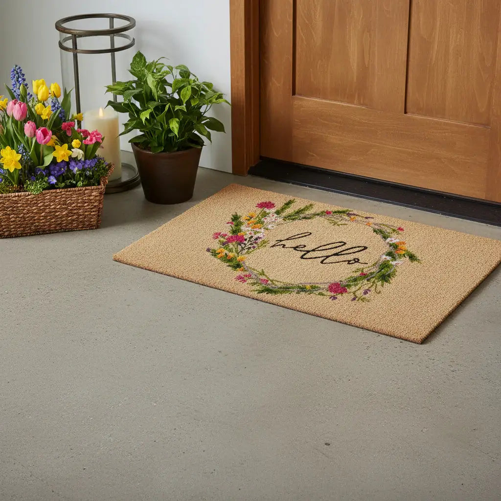 24" X 36" Brown Green And Black Floral Hello Outdoor Coir Door Mat - Homeroots - Flyclothing LLC