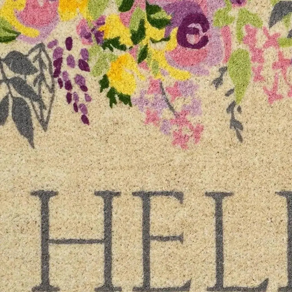 18" X 30" Brown Gray And Purple Floral Hello Outdoor Coir Door Mat - Homeroots - Flyclothing LLC