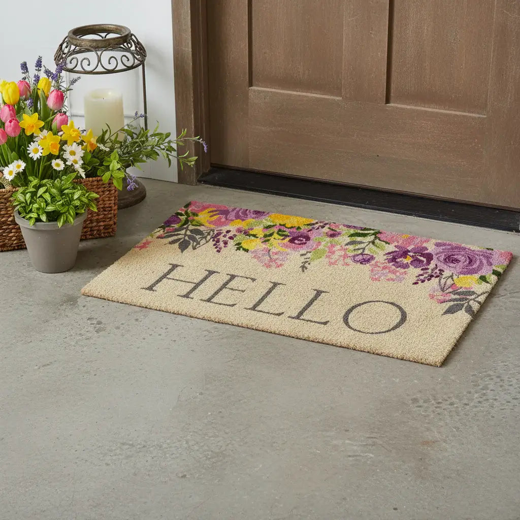18" X 30" Brown Gray And Purple Floral Hello Outdoor Coir Door Mat - Homeroots - Flyclothing LLC