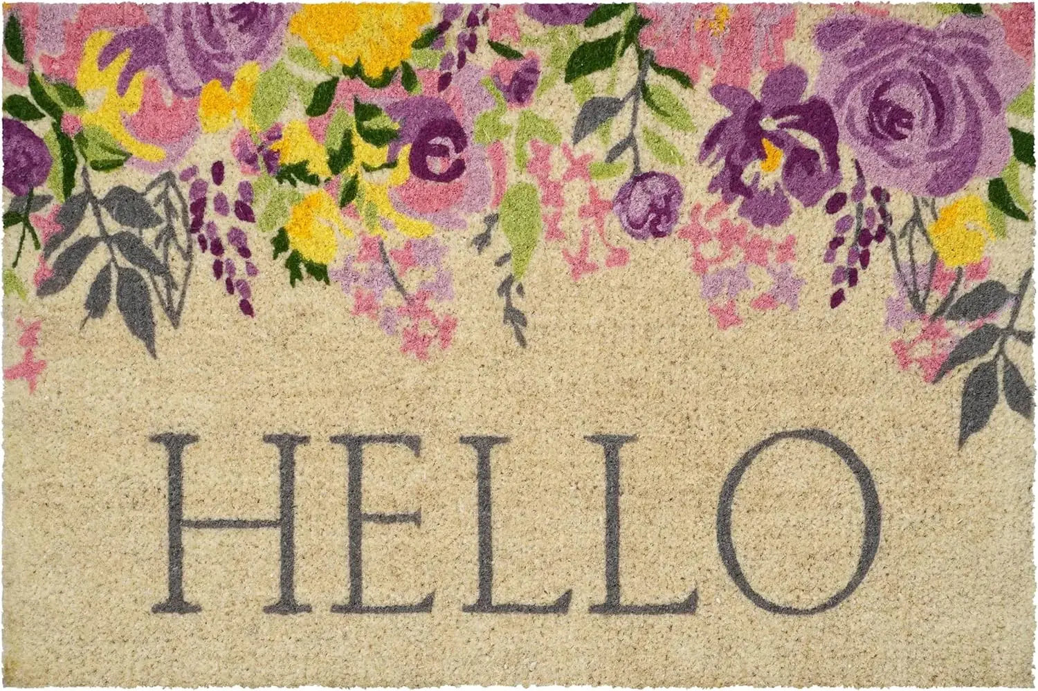 24" X 36" Brown Gray And Purple Floral Hello Outdoor Coir Door Mat - Homeroots - Flyclothing LLC