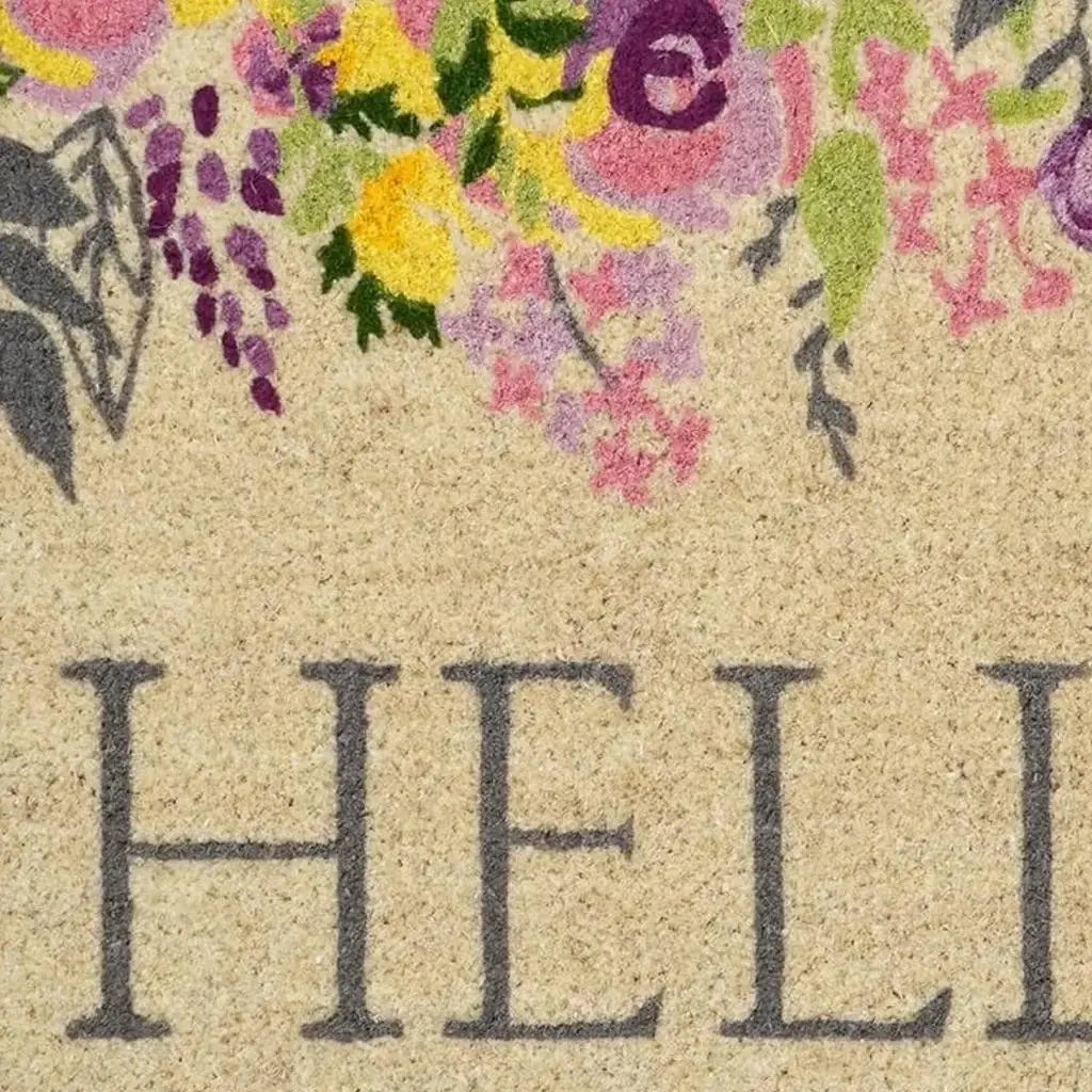 24" X 36" Brown Gray And Purple Floral Hello Outdoor Coir Door Mat - Homeroots - Flyclothing LLC
