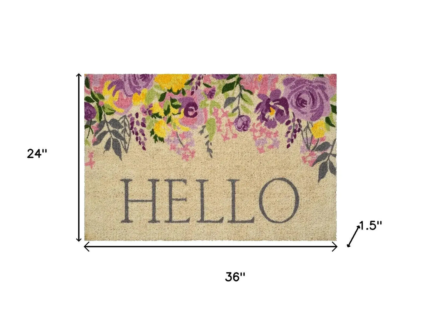 24" X 36" Brown Gray And Purple Floral Hello Outdoor Coir Door Mat - Homeroots - Flyclothing LLC