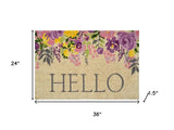 24" X 36" Brown Gray And Purple Floral Hello Outdoor Coir Door Mat - Homeroots - Flyclothing LLC
