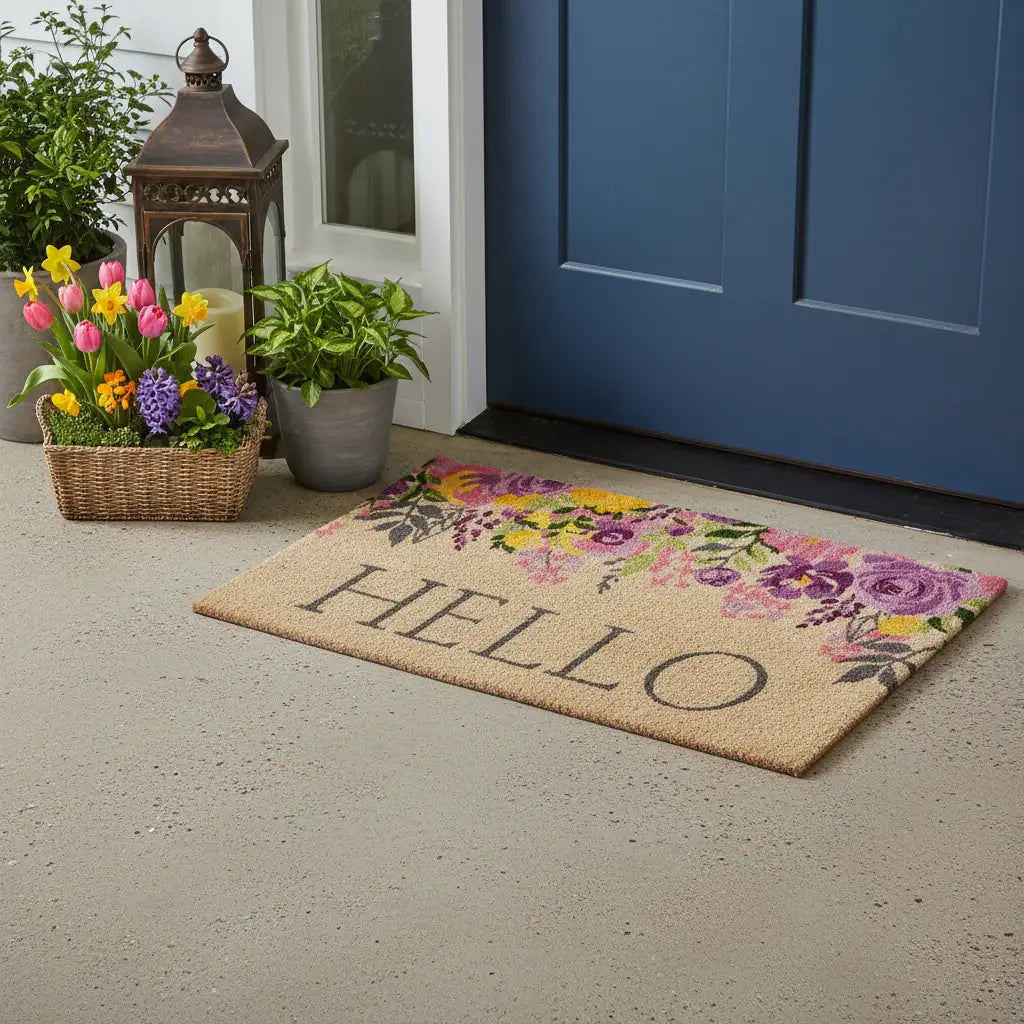 24" X 36" Brown Gray And Purple Floral Hello Outdoor Coir Door Mat - Homeroots - Flyclothing LLC