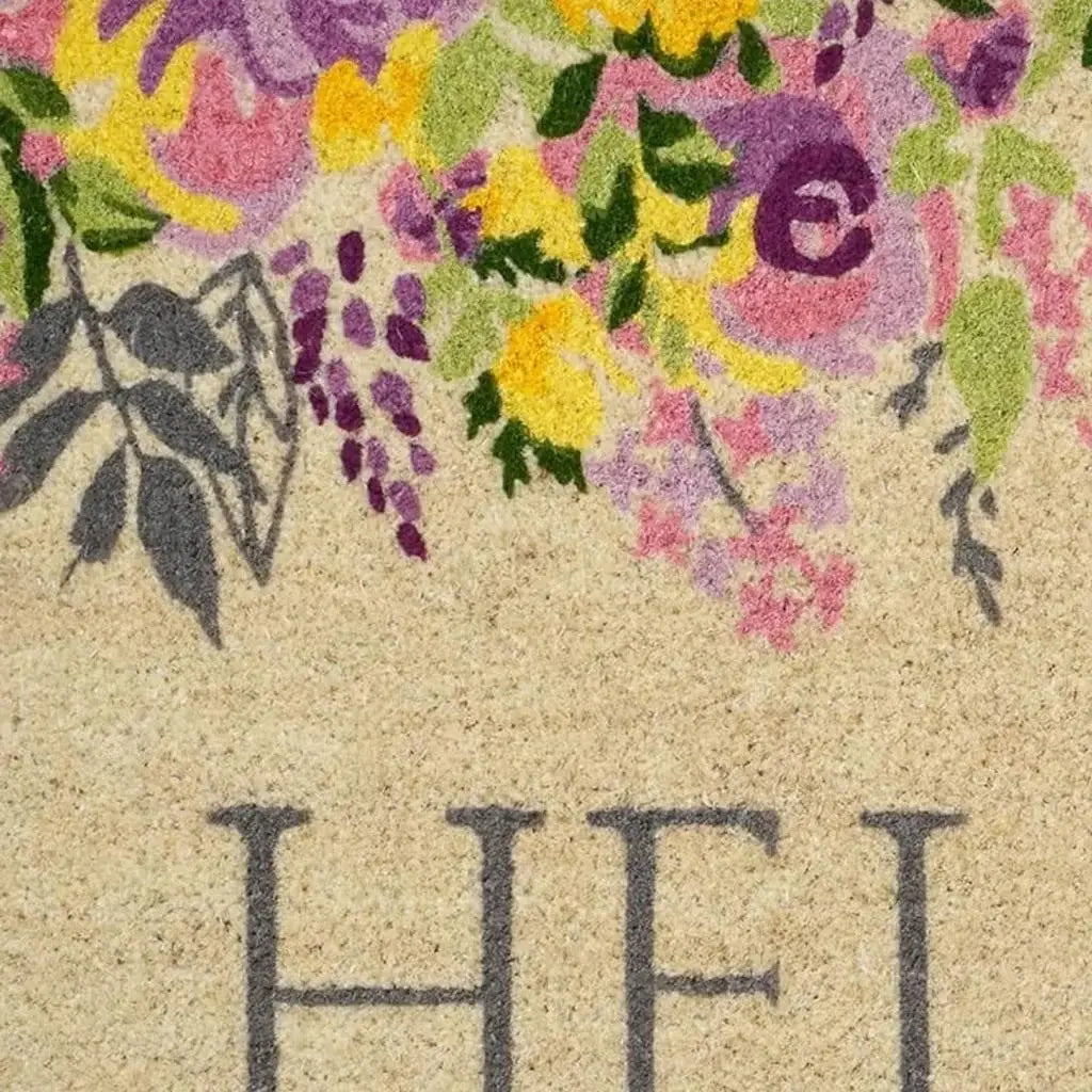 30" X 48" Brown Gray And Purple Floral Hello Outdoor Coir Door Mat - Homeroots - Flyclothing LLC