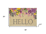 30" X 48" Brown Gray And Purple Floral Hello Outdoor Coir Door Mat - Homeroots - Flyclothing LLC