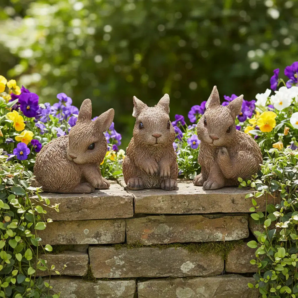 Set of Three Brown Resin Bunny Outdoor Statues - Homeroots - Flyclothing LLC