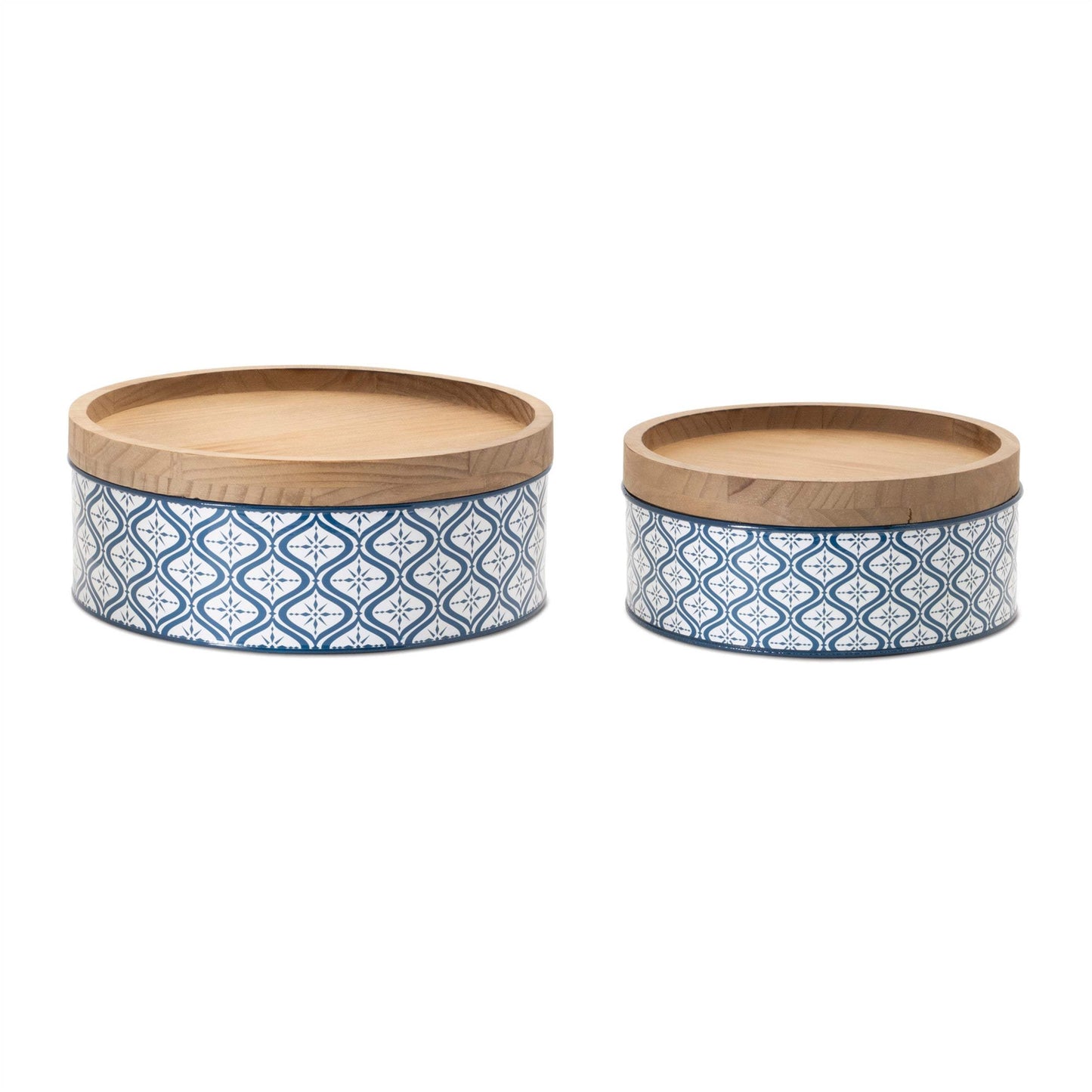 Set of Two Blue And White Metal And Solid Wood Geometric Storage Canisters - HomeRoots - Flyclothing LLC