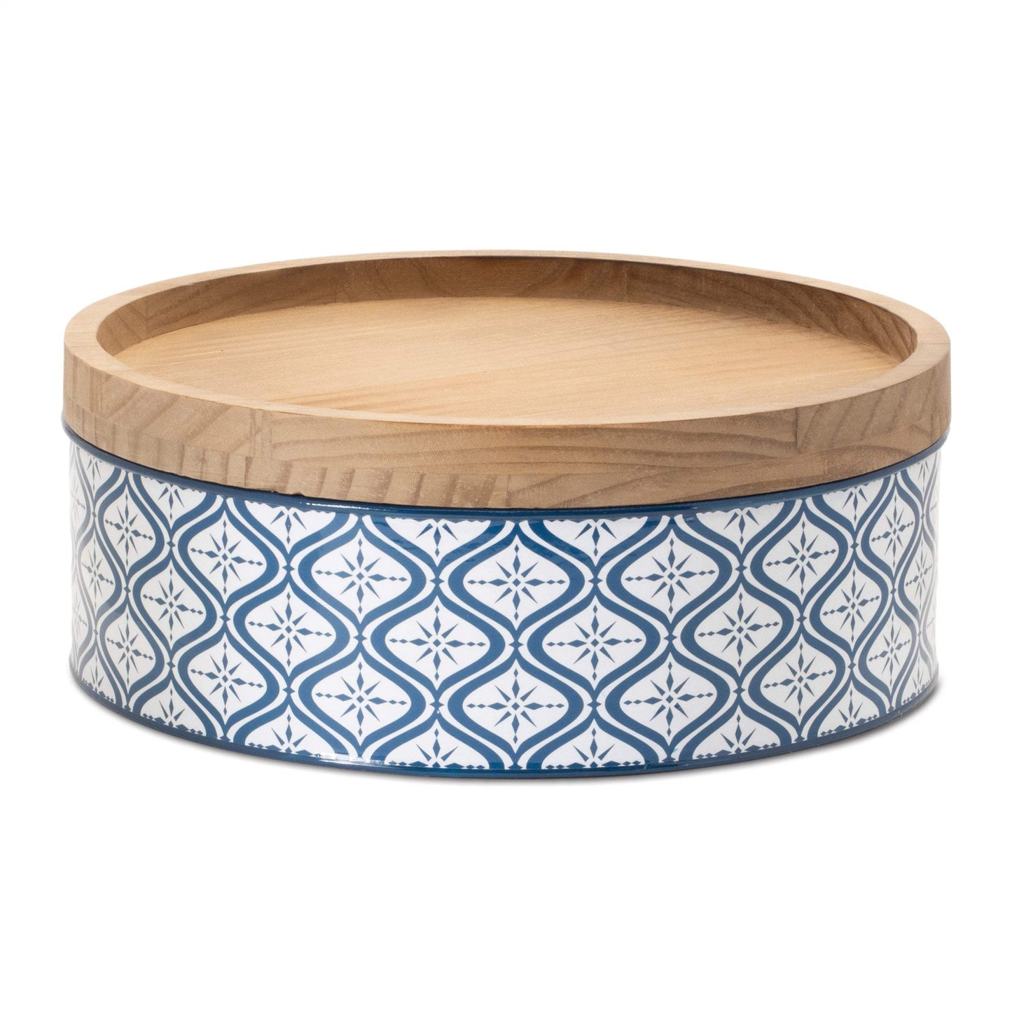 Set of Two Blue And White Metal And Solid Wood Geometric Storage Canisters - HomeRoots - Flyclothing LLC