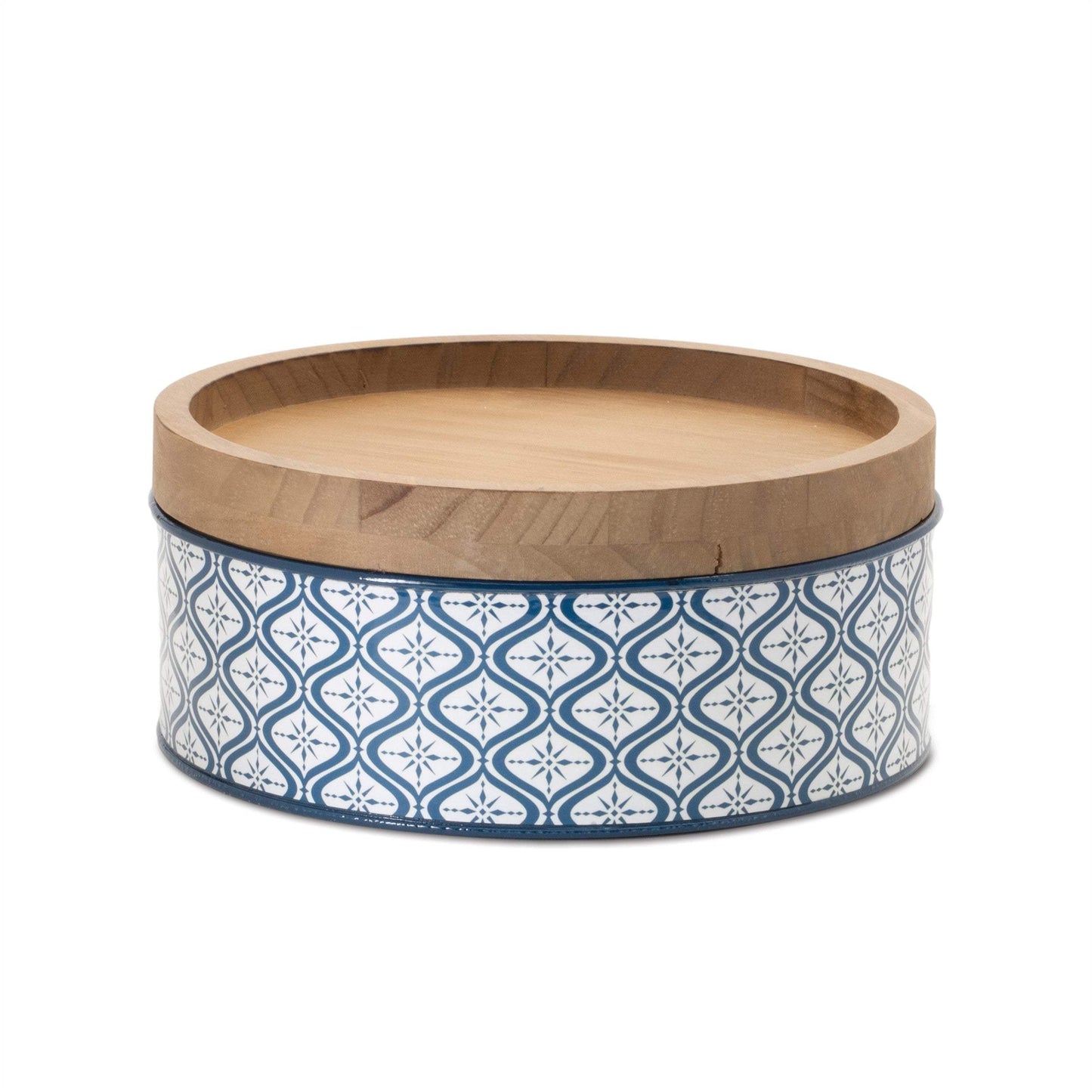 Set of Two Blue And White Metal And Solid Wood Geometric Storage Canisters - HomeRoots - Flyclothing LLC