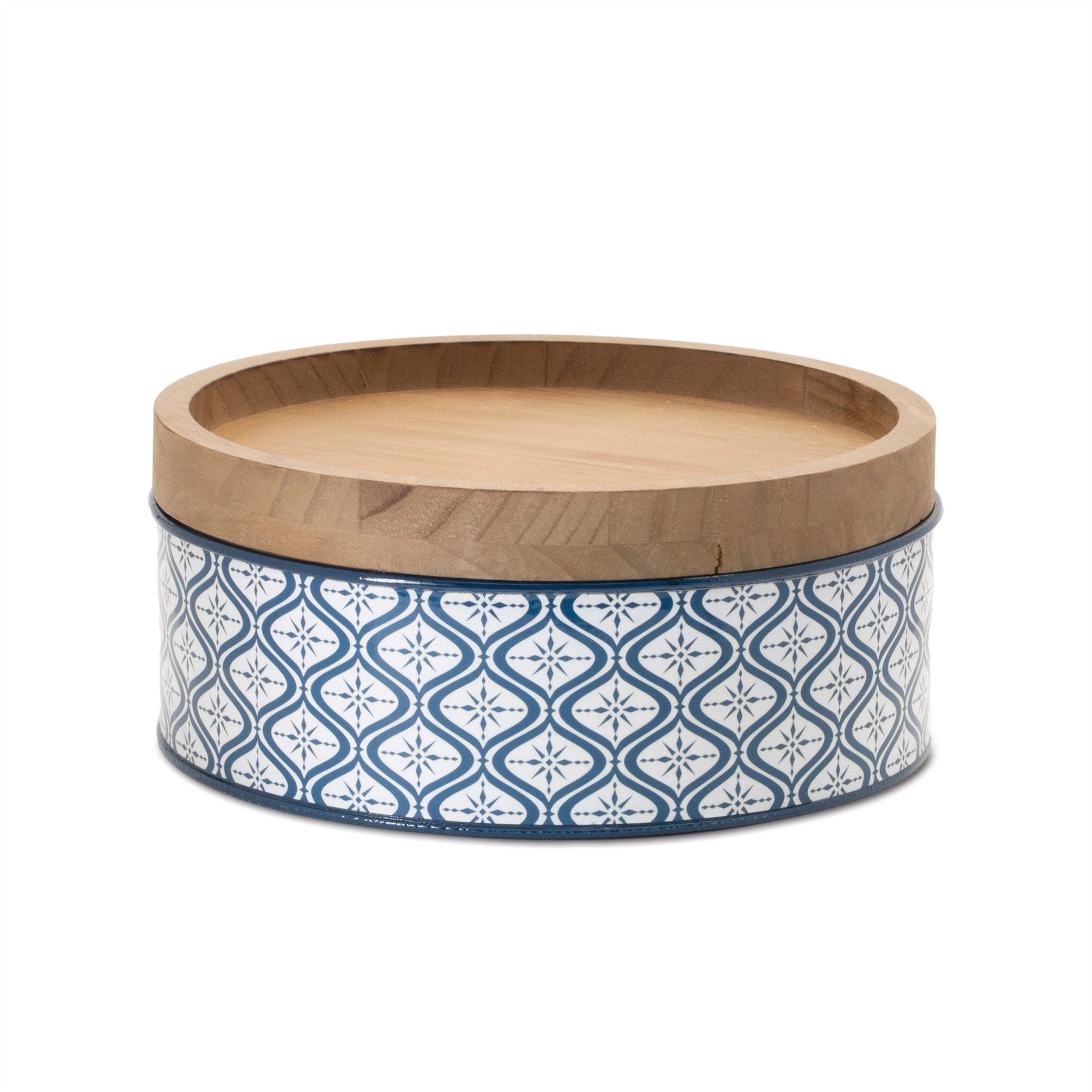 Set of Two Blue And White Metal And Solid Wood Geometric Storage Canisters - HomeRoots - Flyclothing LLC