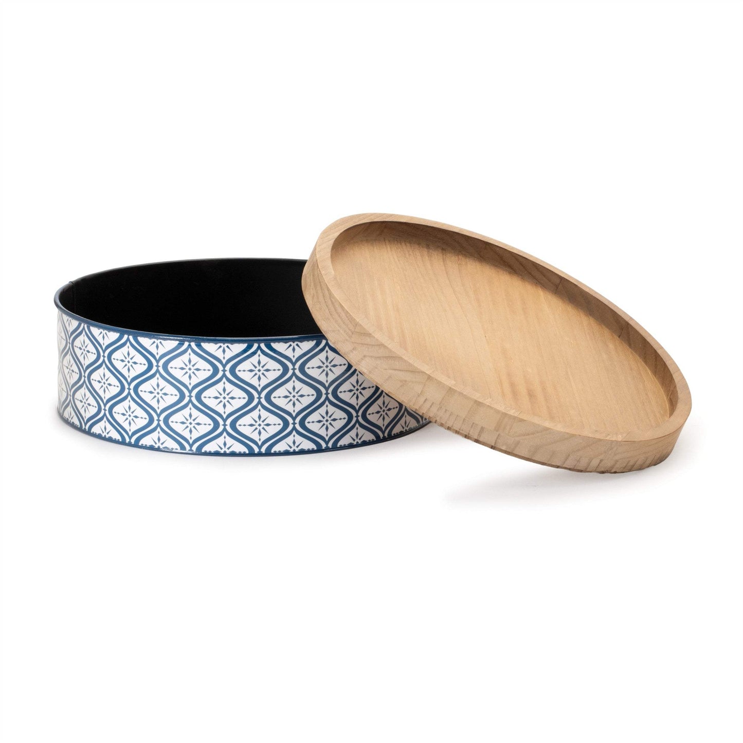 Set of Two Blue And White Metal And Solid Wood Geometric Storage Canisters - HomeRoots - Flyclothing LLC