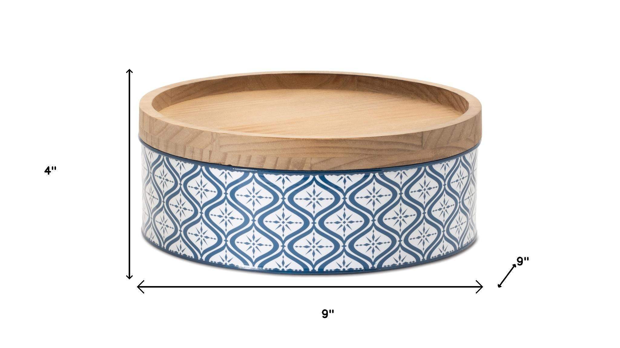 Set of Two Blue And White Metal And Solid Wood Geometric Storage Canisters - HomeRoots - Flyclothing LLC