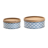 Set of Two Blue And White Metal And Solid Wood Geometric Storage Canisters - HomeRoots - Flyclothing LLC