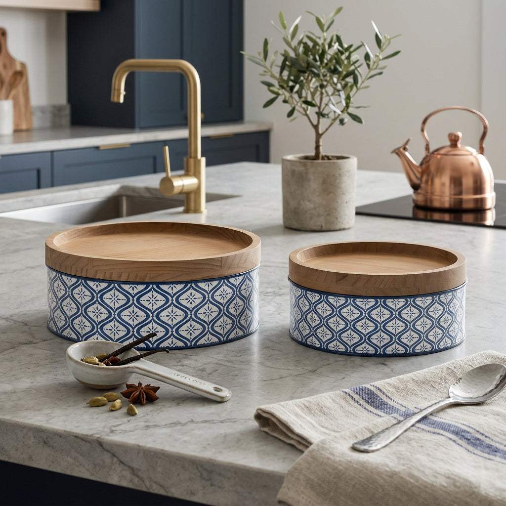 Set of Two Blue And White Metal And Solid Wood Geometric Storage Canisters - HomeRoots - Flyclothing LLC