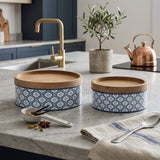 Set of Two Blue And White Metal And Solid Wood Geometric Storage Canisters - HomeRoots - Flyclothing LLC