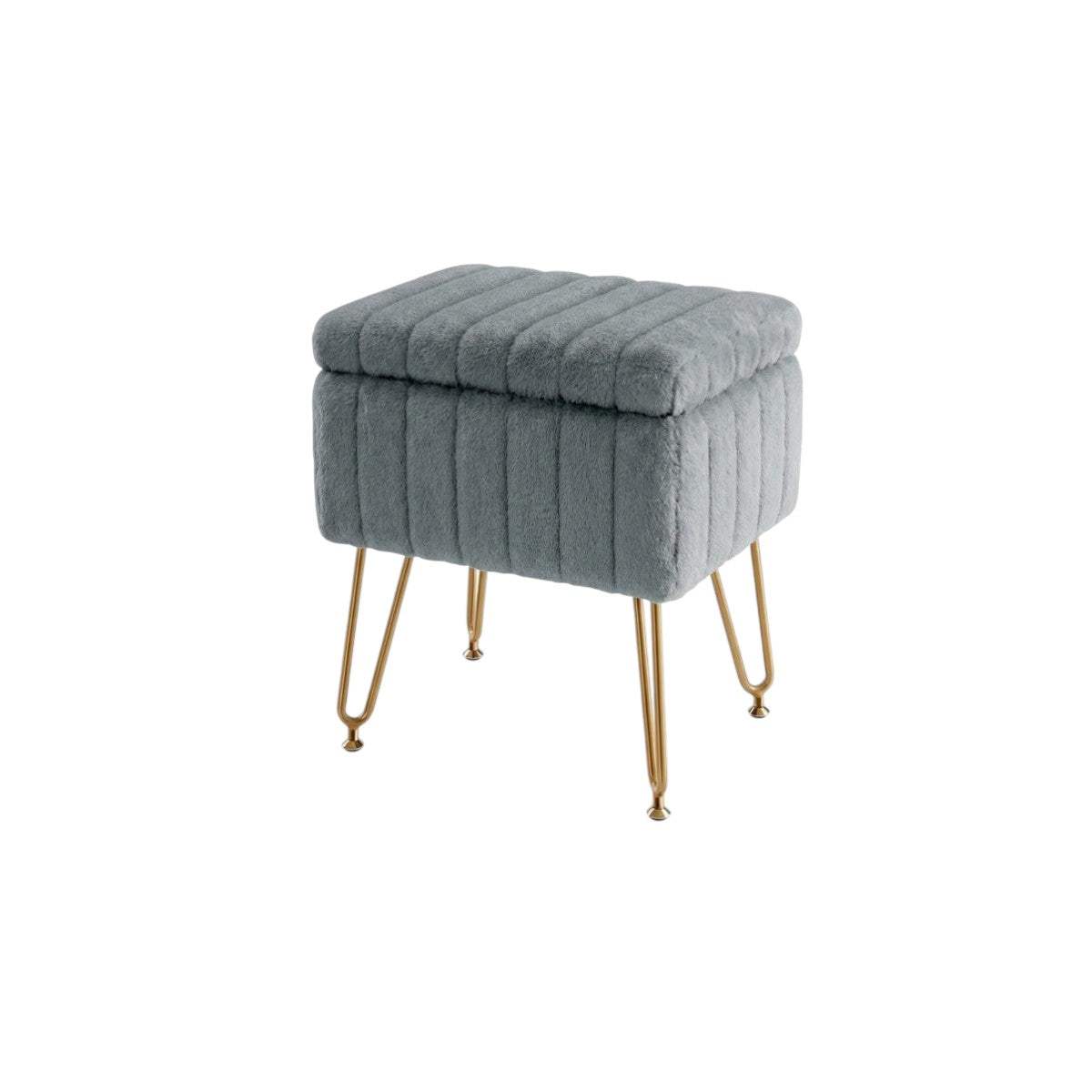 16" Gray and Gold Faux Fur Storage Ottoman - HomeRoots - Flyclothing LLC