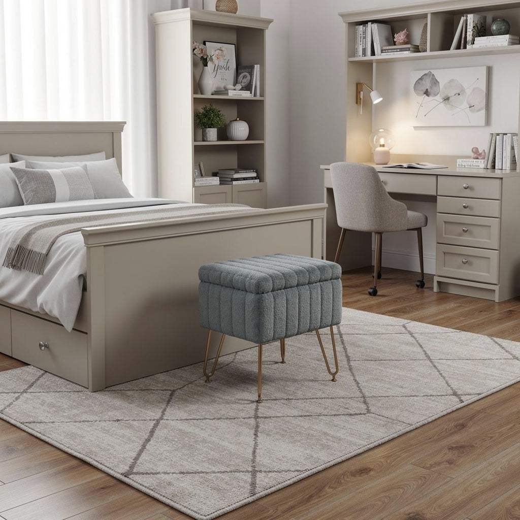 16" Gray and Gold Faux Fur Storage Ottoman - HomeRoots - Flyclothing LLC