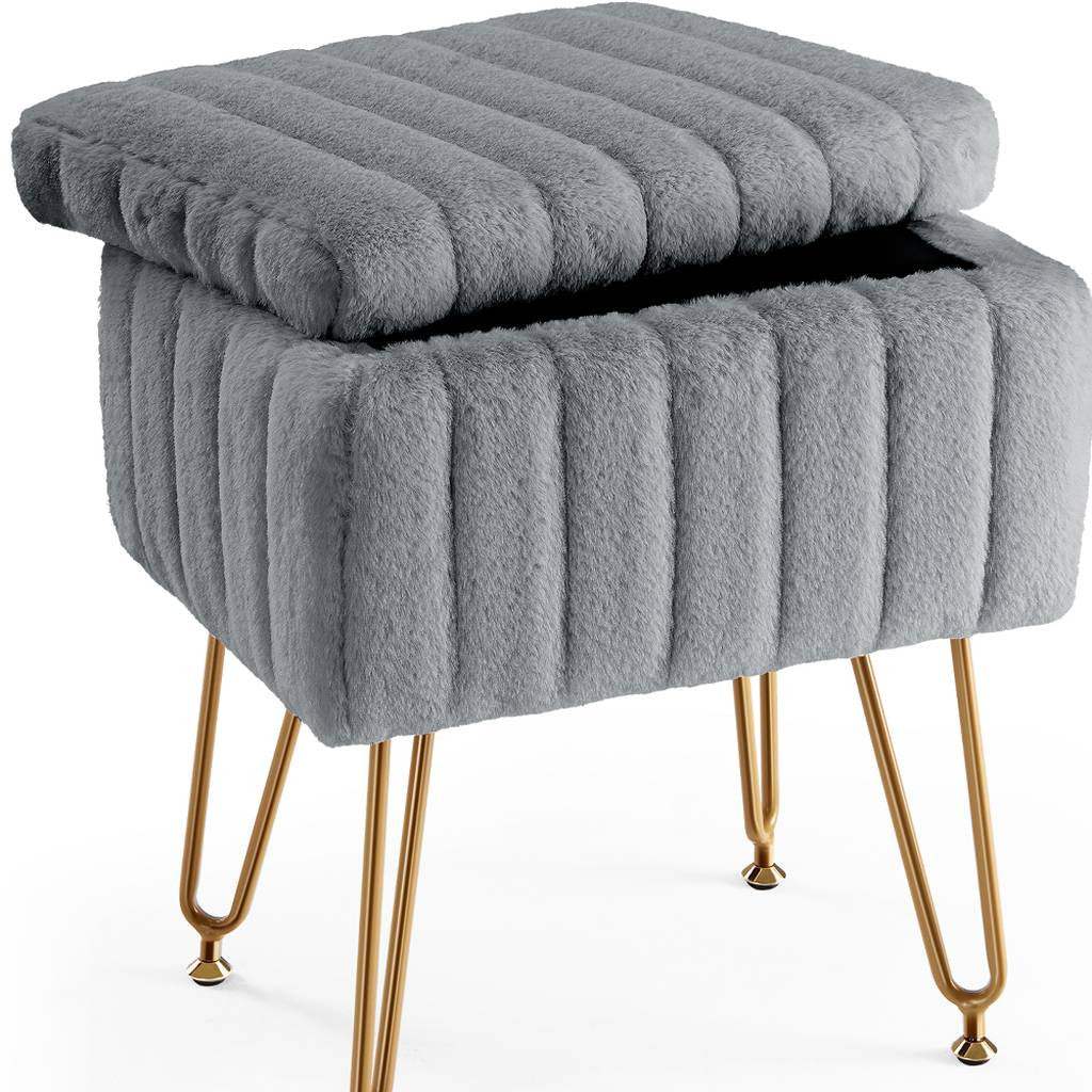 16" Gray and Gold Faux Fur Storage Ottoman - HomeRoots - Flyclothing LLC
