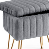 16" Gray and Gold Faux Fur Storage Ottoman - HomeRoots - Flyclothing LLC