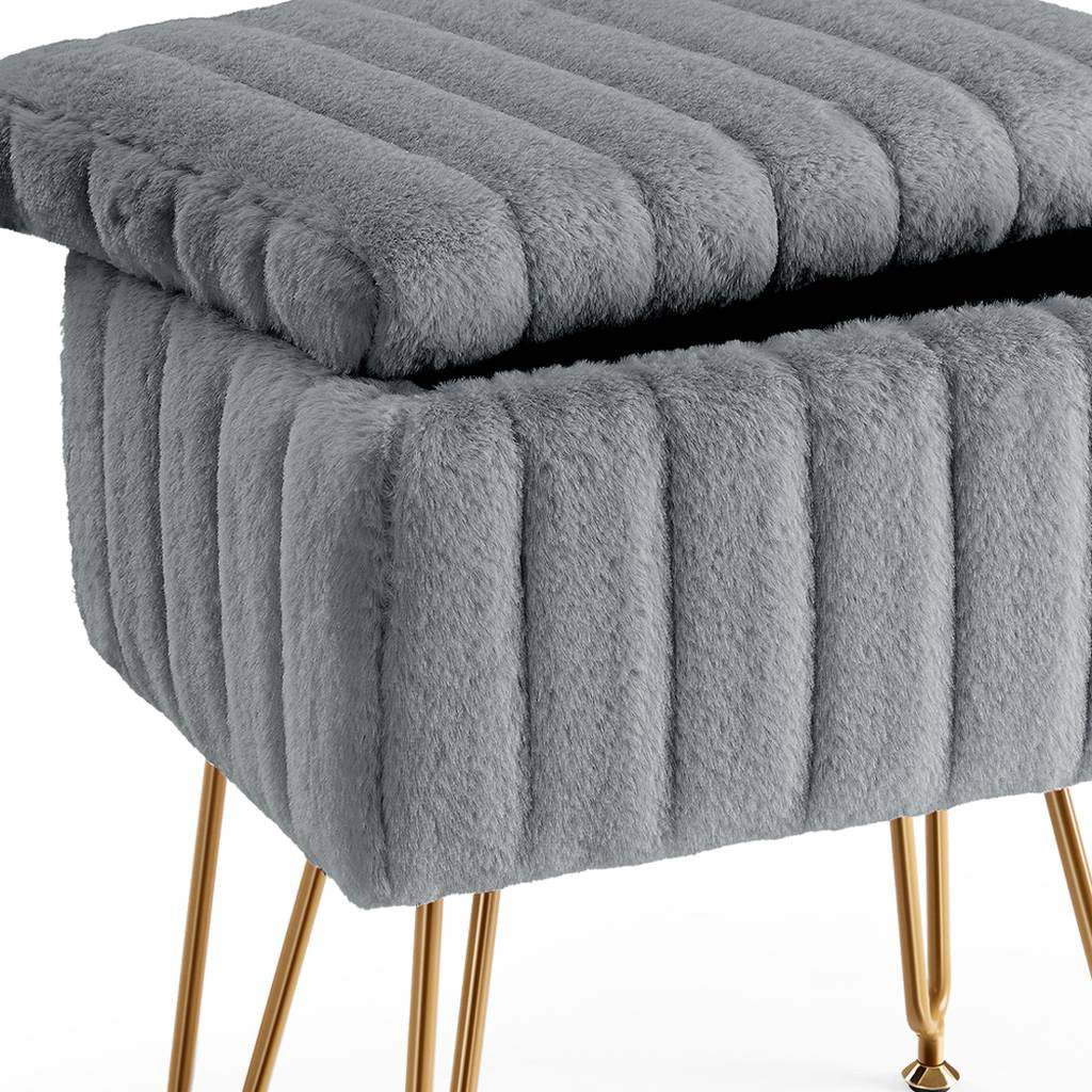 16" Gray and Gold Faux Fur Storage Ottoman - HomeRoots - Flyclothing LLC