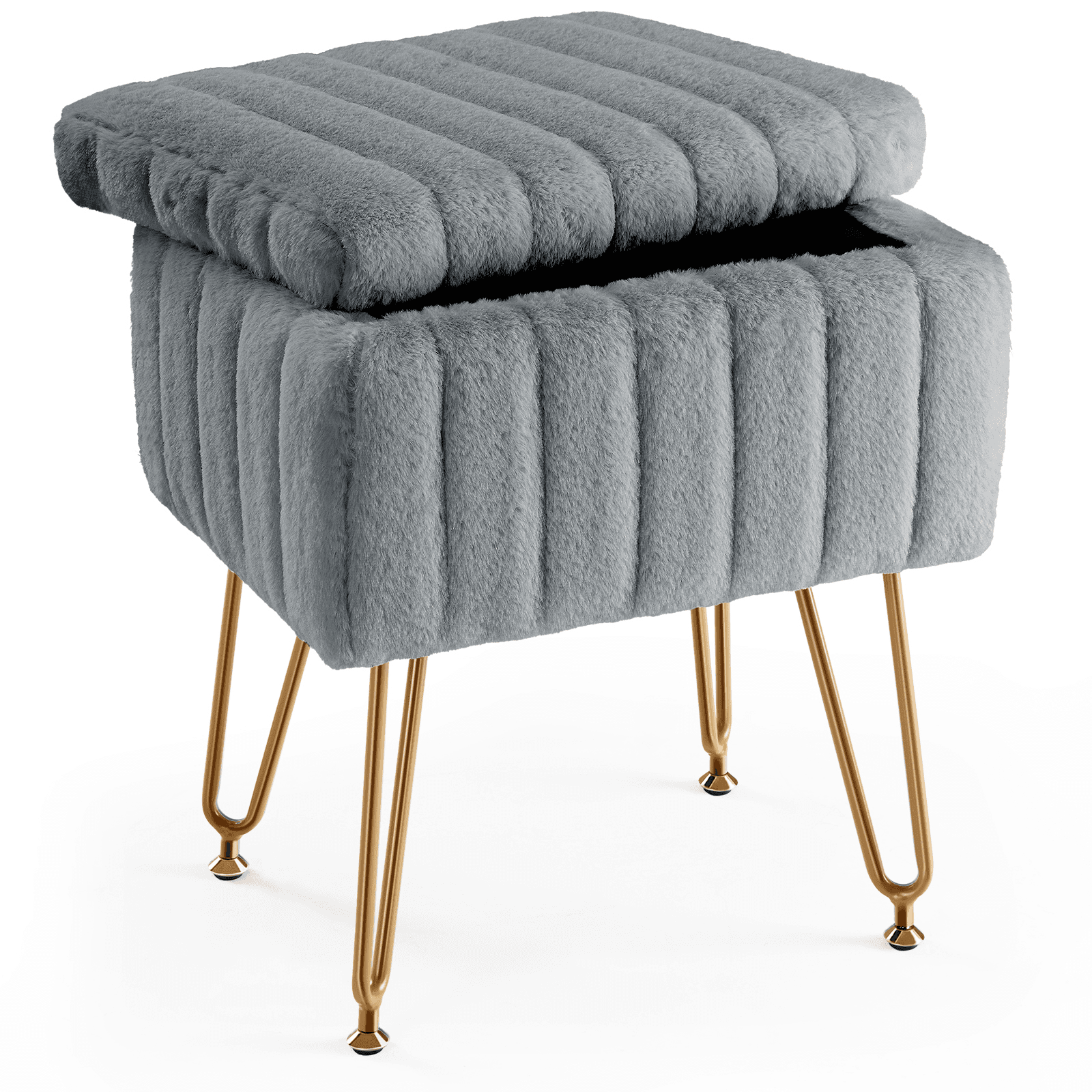16" Gray and Gold Faux Fur Storage Ottoman - HomeRoots - Flyclothing LLC