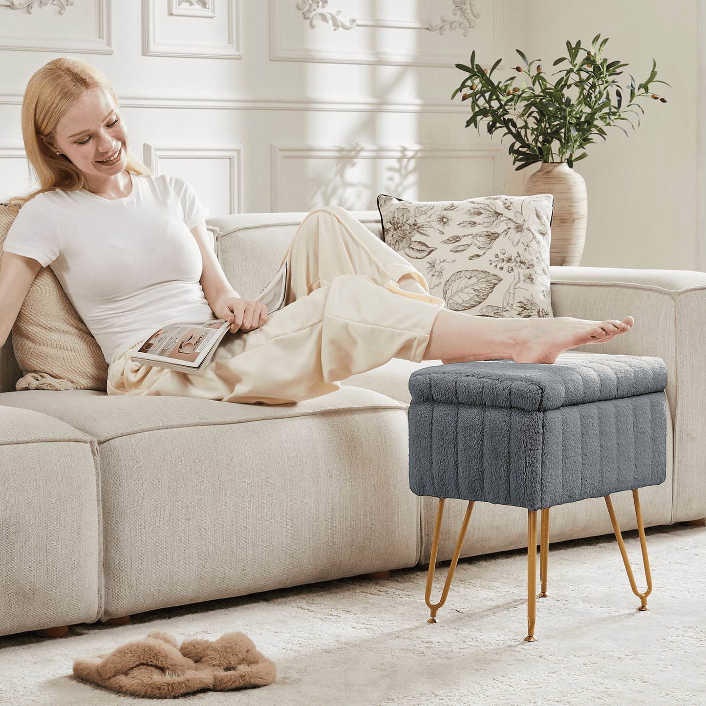 16" Gray and Gold Faux Fur Storage Ottoman - HomeRoots - Flyclothing LLC