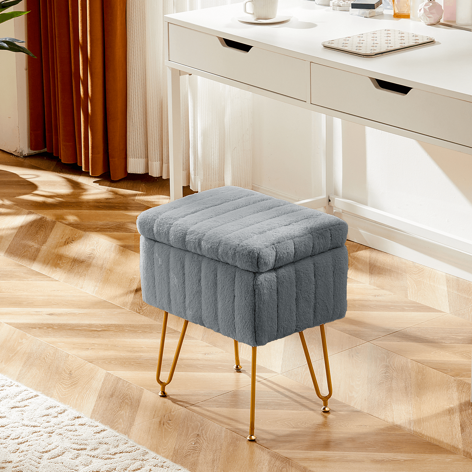 16" Gray and Gold Faux Fur Storage Ottoman - HomeRoots - Flyclothing LLC