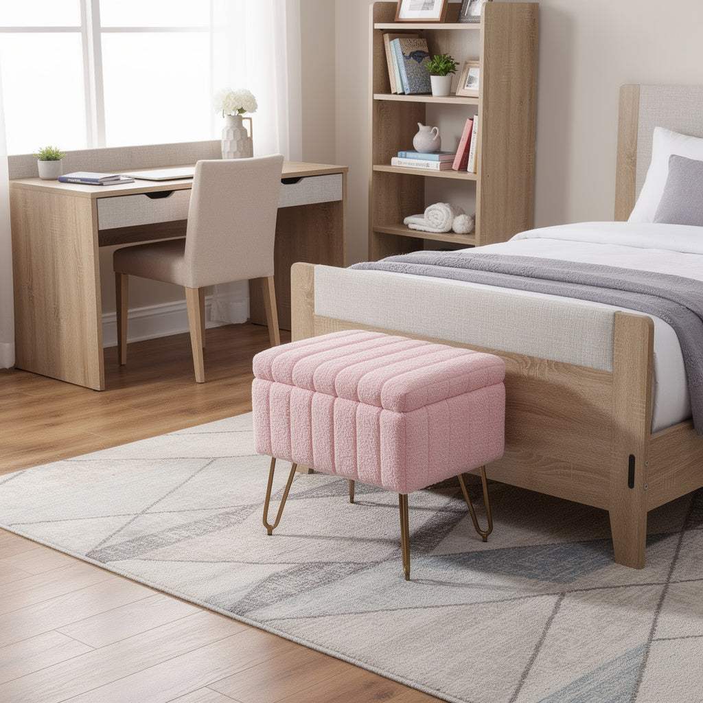 16" Pink and Gold Faux Fur Storage Ottoman - HomeRoots - Flyclothing LLC