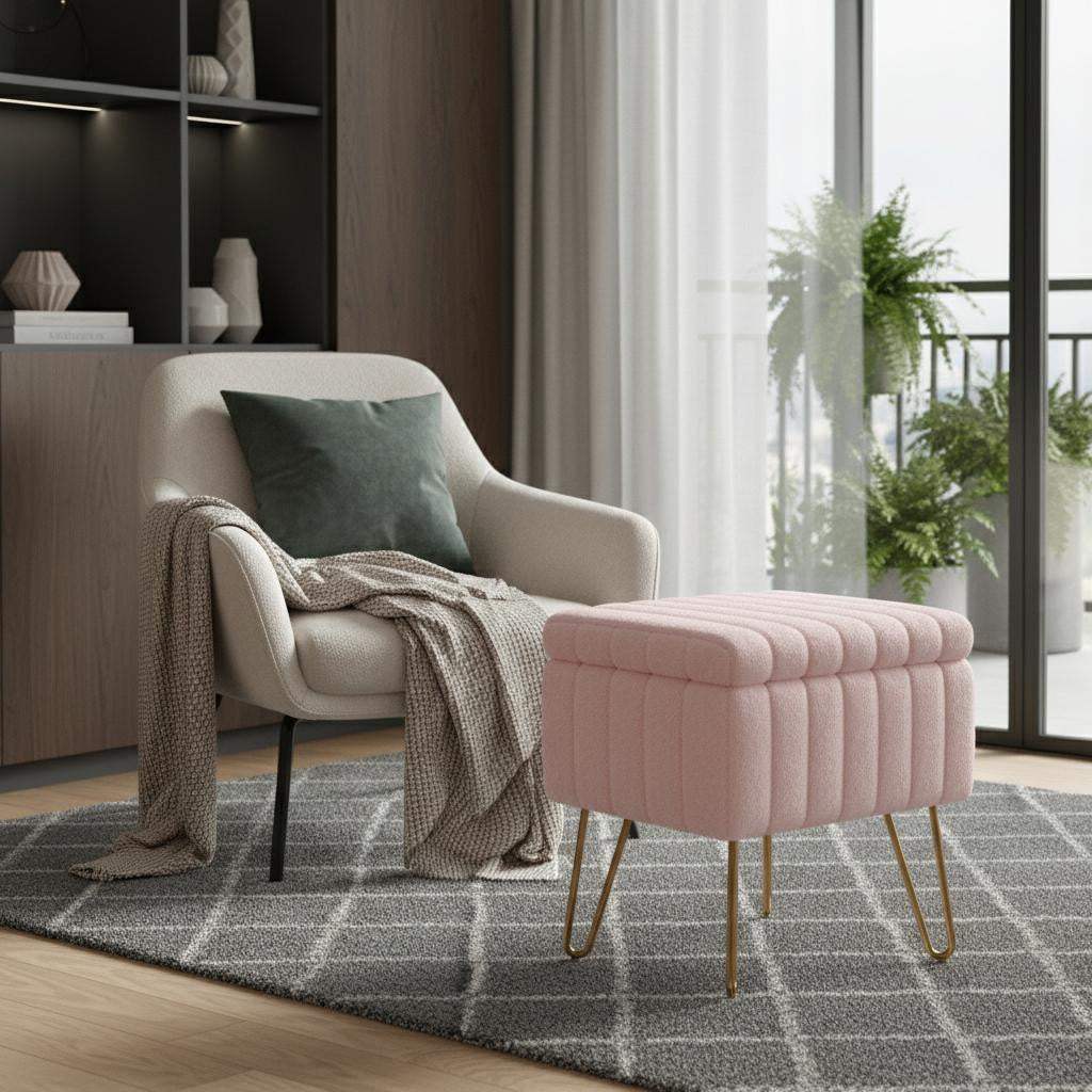 16" Pink and Gold Faux Fur Storage Ottoman - HomeRoots - Flyclothing LLC