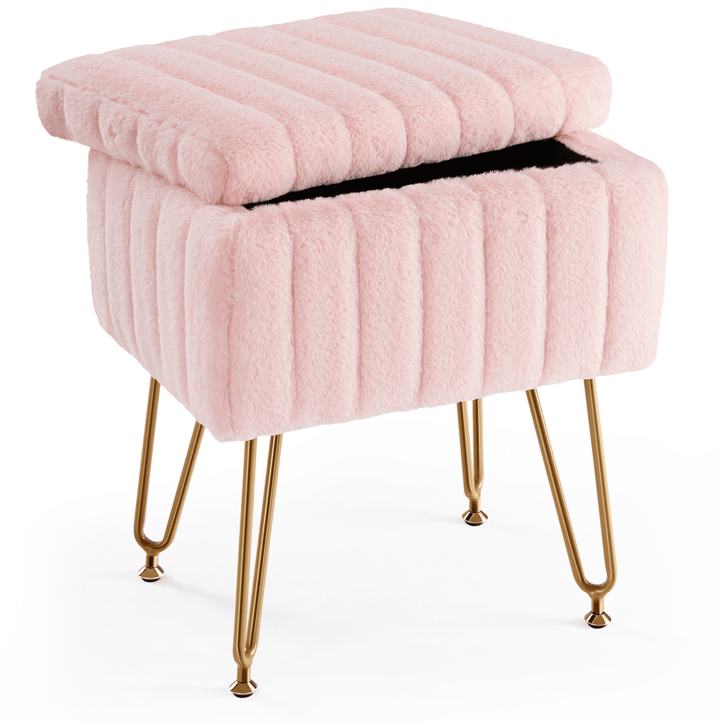 16" Pink and Gold Faux Fur Storage Ottoman - HomeRoots - Flyclothing LLC