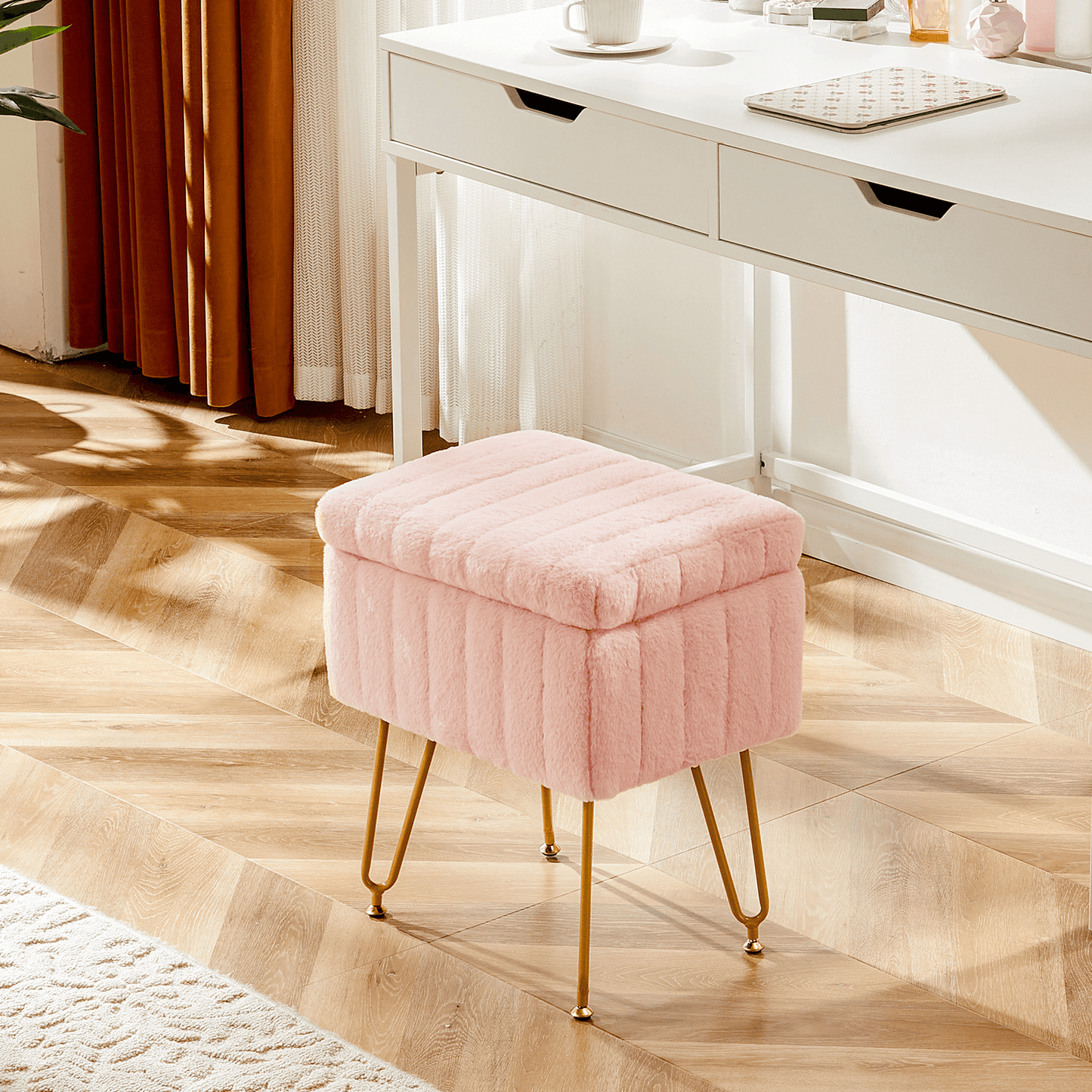 16" Pink and Gold Faux Fur Storage Ottoman - HomeRoots - Flyclothing LLC