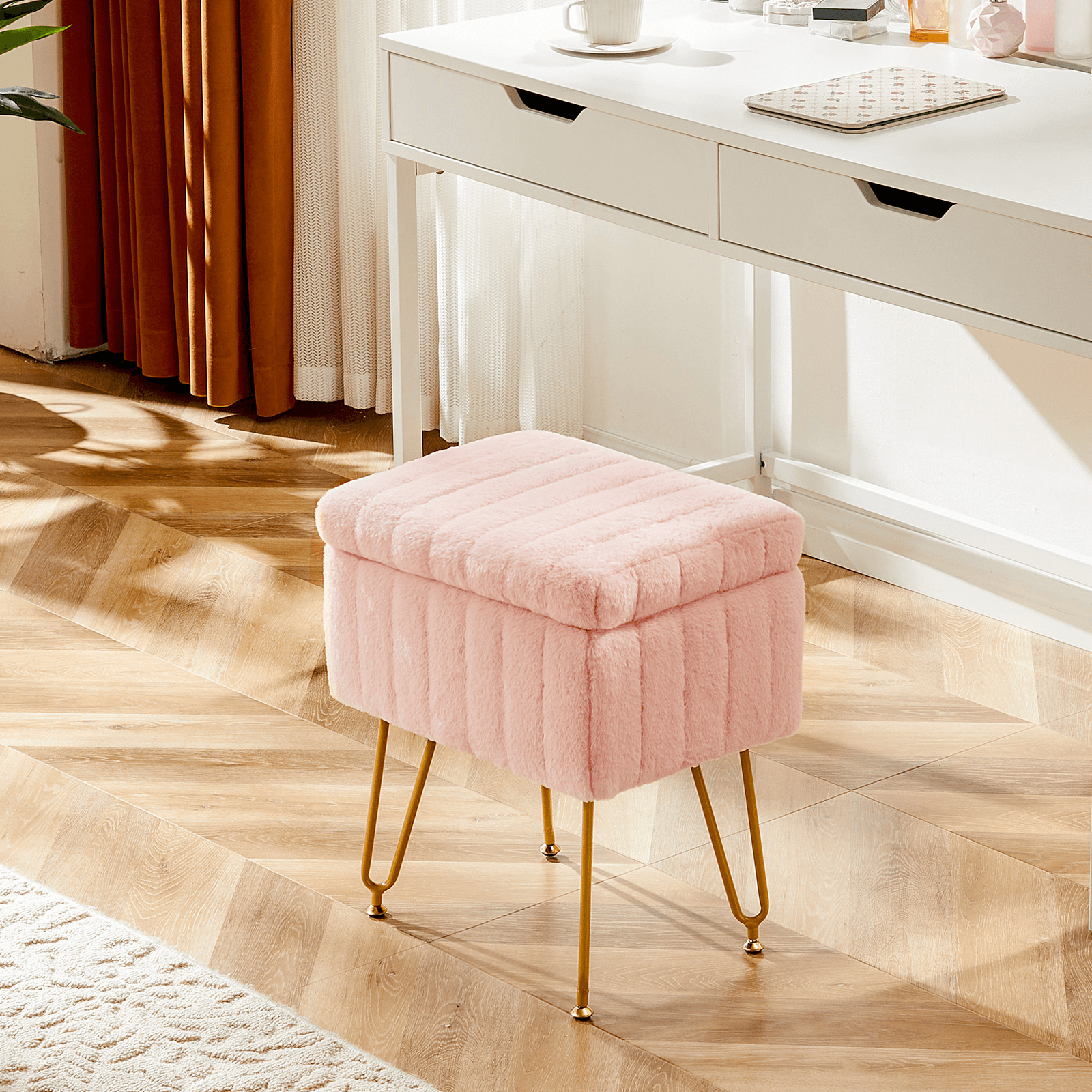 16" Pink and Gold Faux Fur Storage Ottoman - HomeRoots - Flyclothing LLC