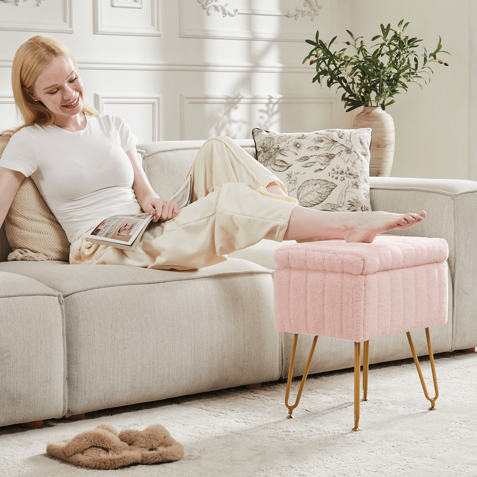 16" Pink and Gold Faux Fur Storage Ottoman - HomeRoots - Flyclothing LLC