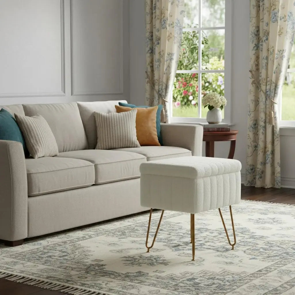19" White and Gold Faux Fur Tufted Storage Ottoman - Homeroots - Flyclothing LLC