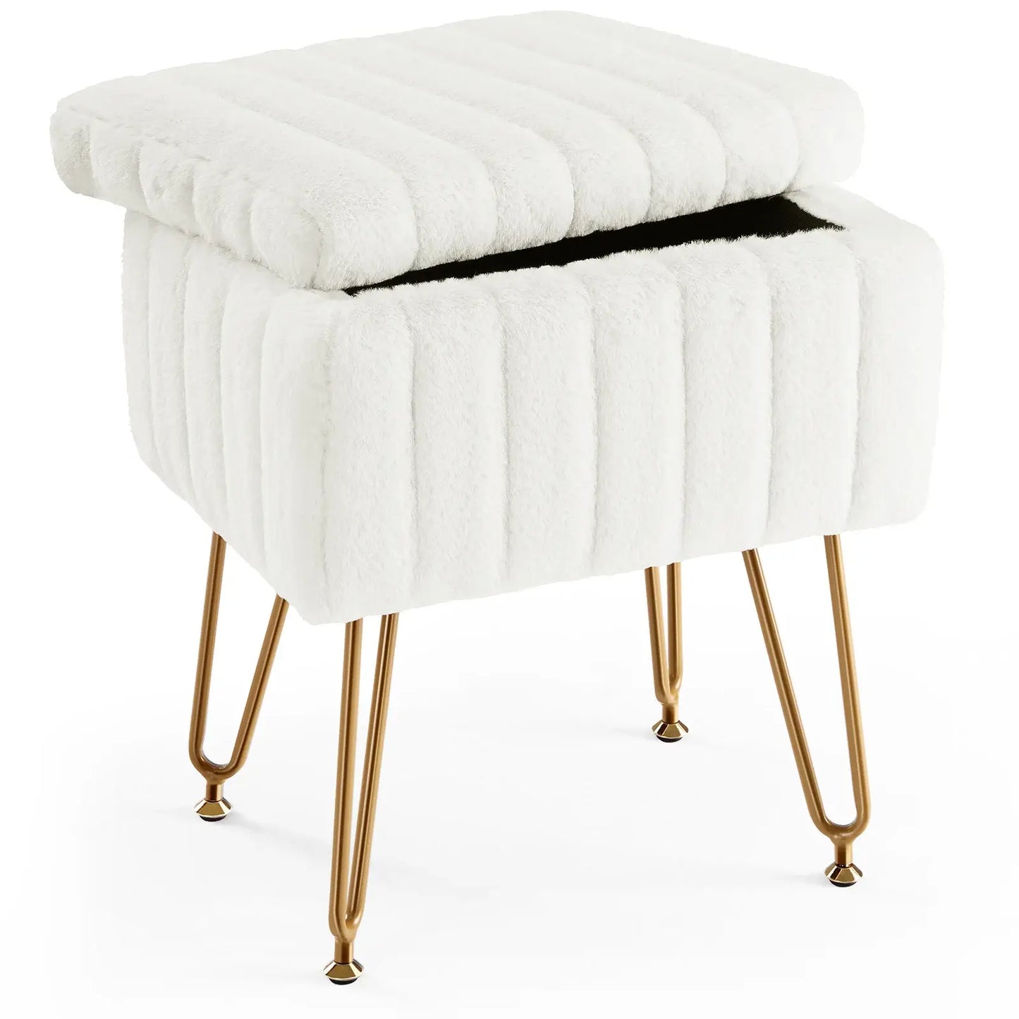 19" White and Gold Faux Fur Tufted Storage Ottoman - Homeroots - Flyclothing LLC