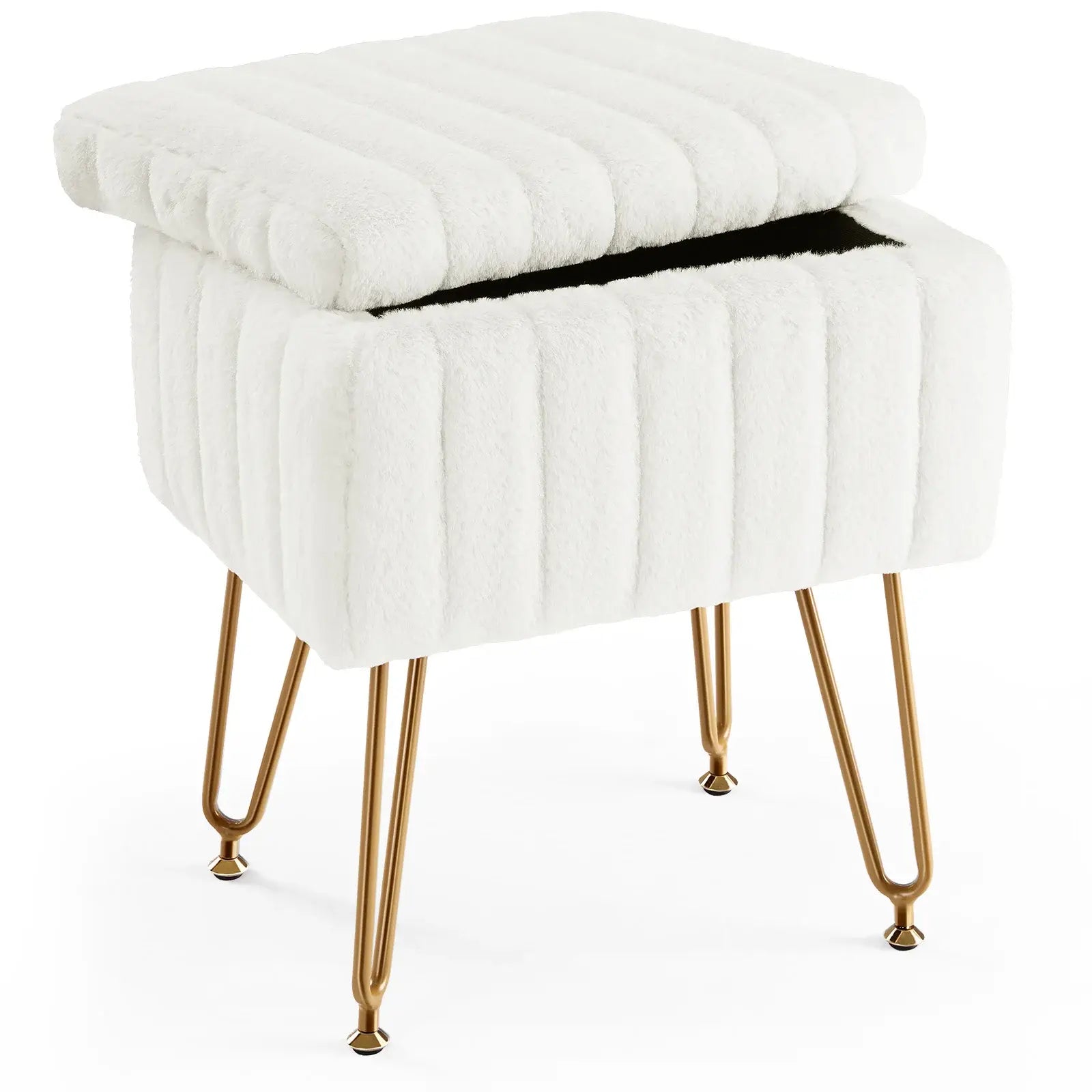 19" White and Gold Faux Fur Tufted Storage Ottoman - Homeroots - Flyclothing LLC